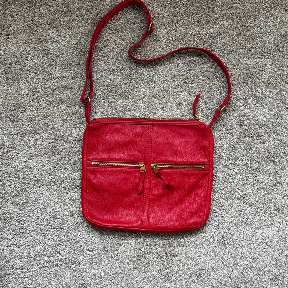 Fossil Red Crossbody Bag with Gold Accents